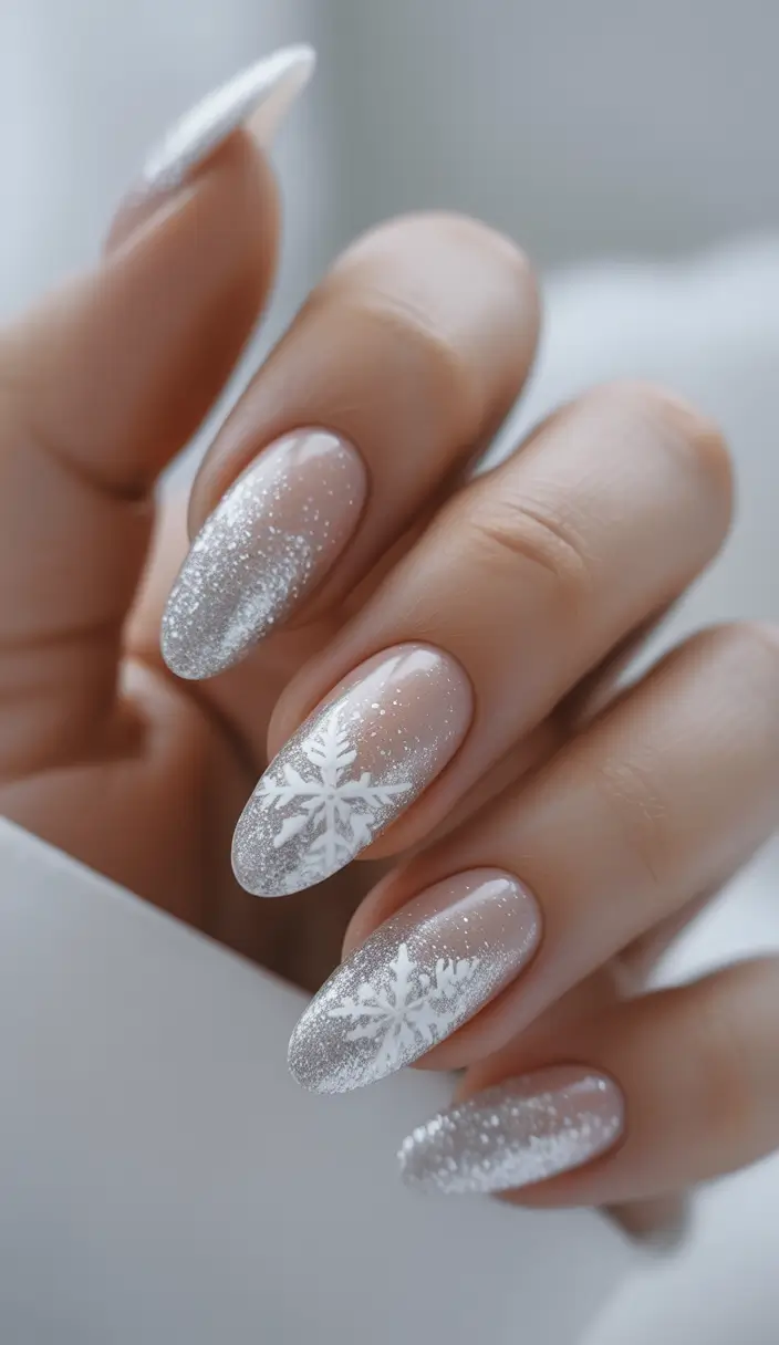 stylish almond nails 2026 Frosted Snowflake Magic