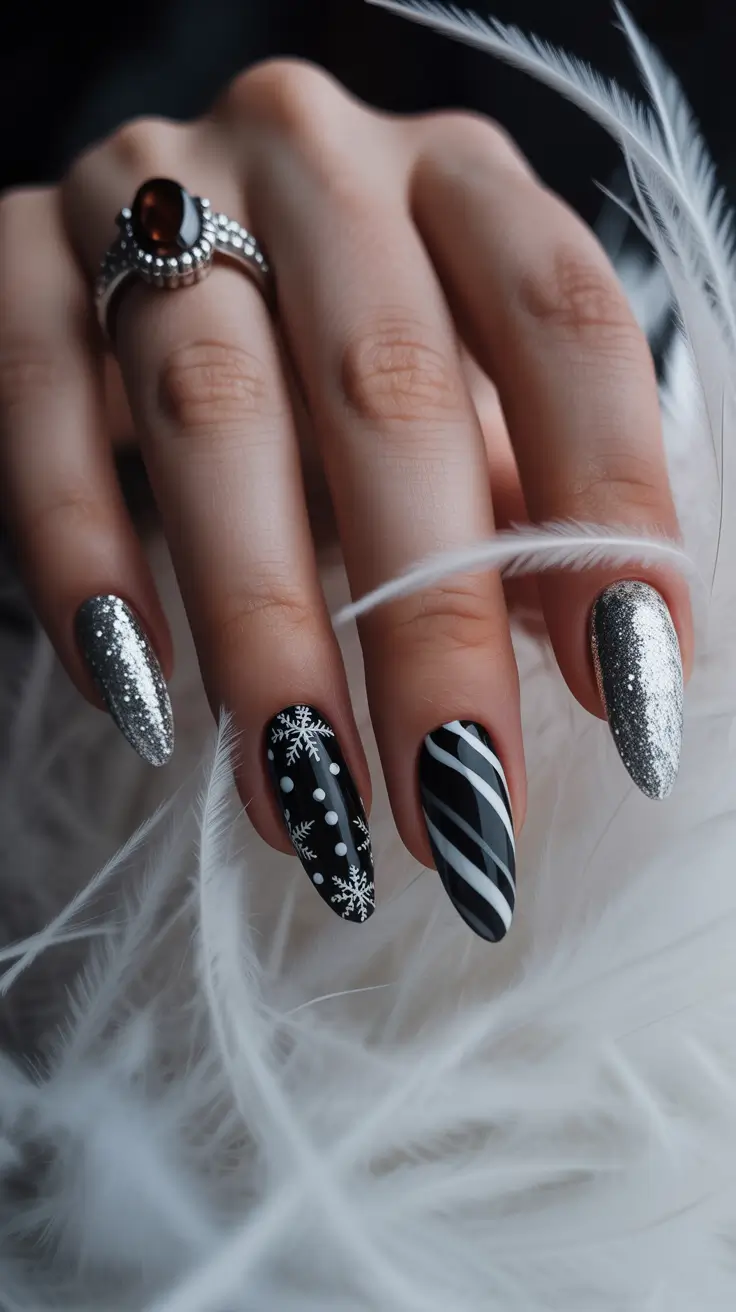 stylish almond nails 2026 Black and Silver Winter Art With Snow Accents