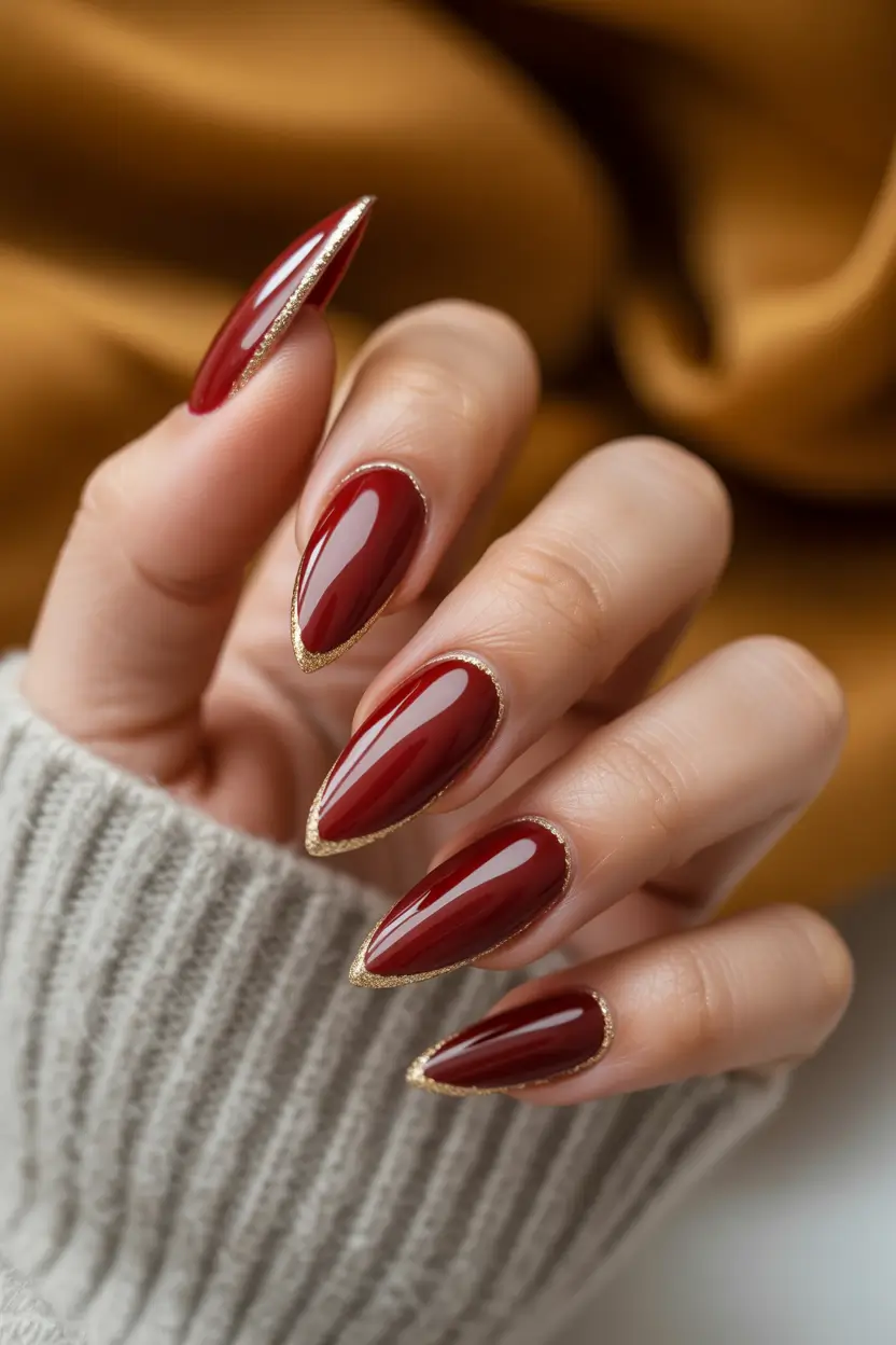 stylish almond nails 2026 Deep Cherry Red With Golden Micro Outlining