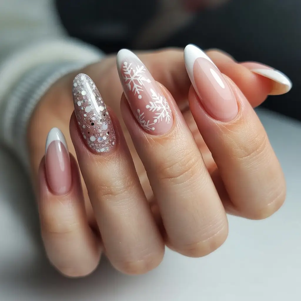 stylish almond nails 2026 Classic White French Tip With Winter Details