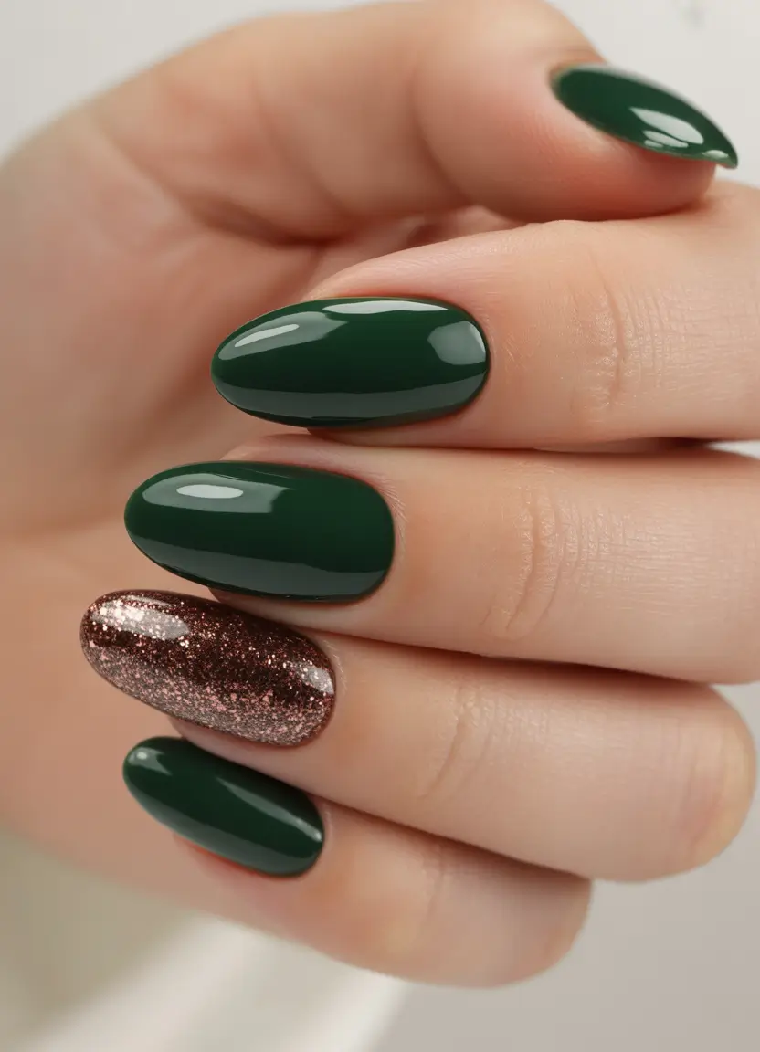 stylish almond nails 2026 Deep Green Elegance With Bronze Accents