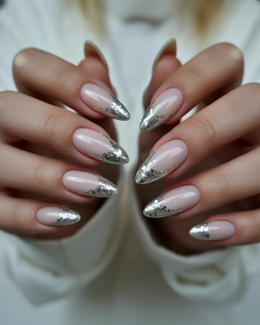 stylish almond nails 2026 Silver-Dusted French Fade With a Frosty Twist
