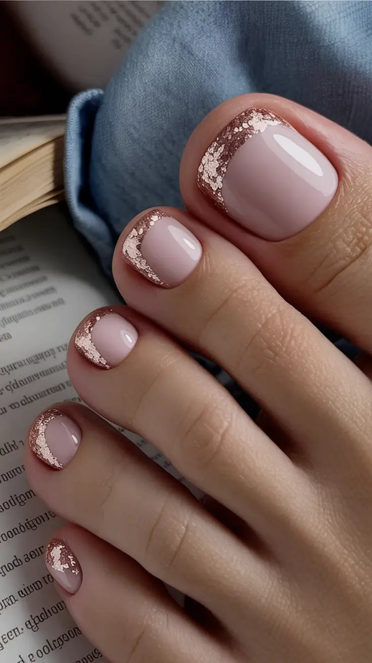 toe nails ideas Blush Base With Rose Gold Frosted Tips