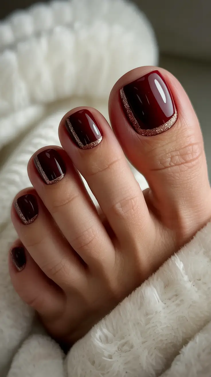 toe nails ideas Deep Merlot Framed With Soft Glitter