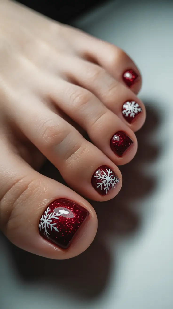 toe nails ideas Crimson Sparkle With Frosted Snowflakes