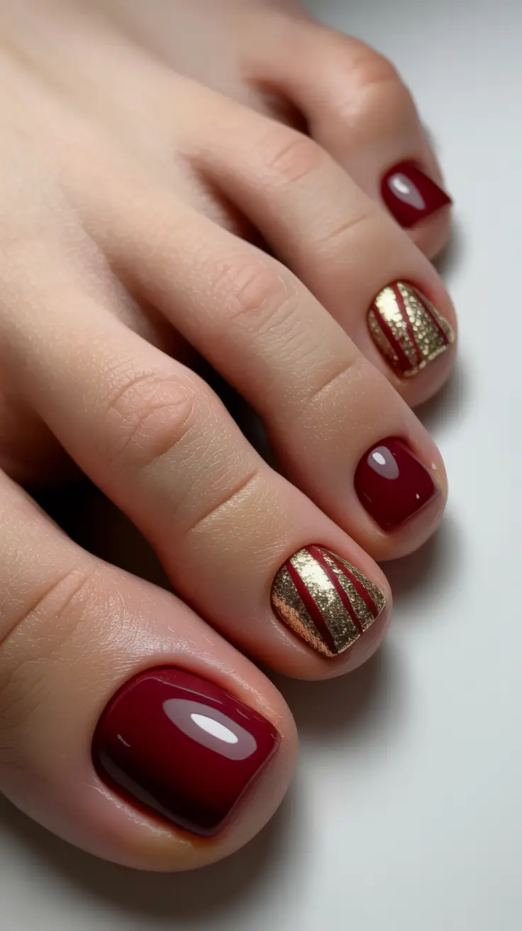 toe nails ideas Red And Gold Luxe Stripes
