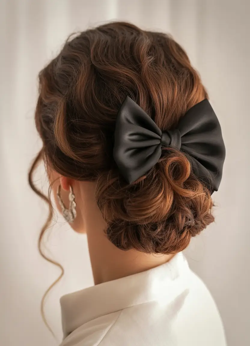 easy hairstyles Elegant Bun with Black Bow