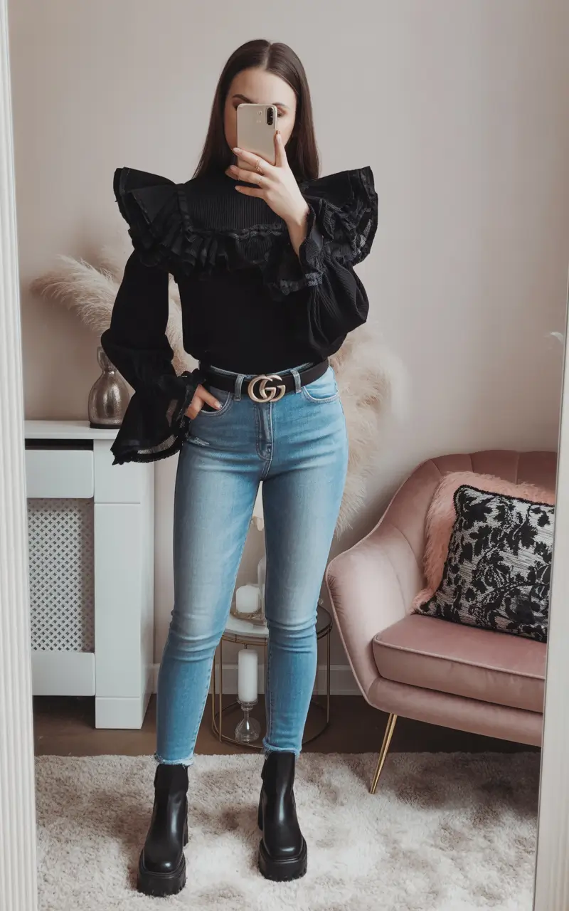 amazing spring fashion outfits 2026 Dramatic Black Ruffles With Sleek Denim