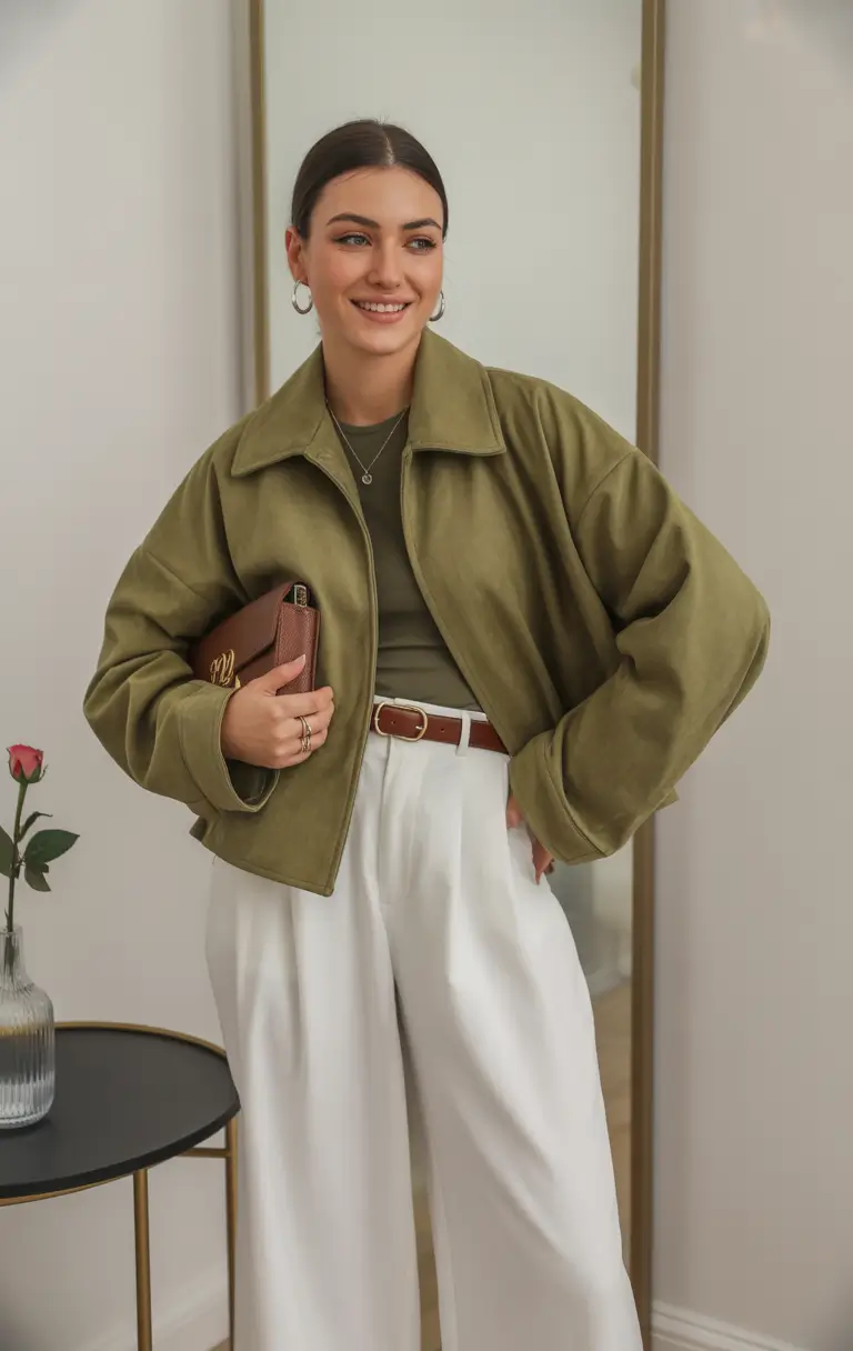 amazing spring fashion outfits 2026 Olive Tones With Wide White Trousers