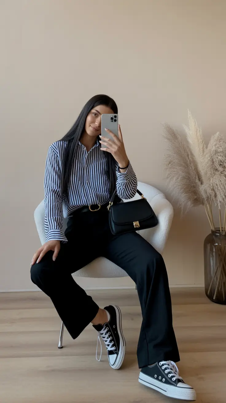 amazing spring fashion outfits 2026 Striped Shirt With Black Tailored Ease