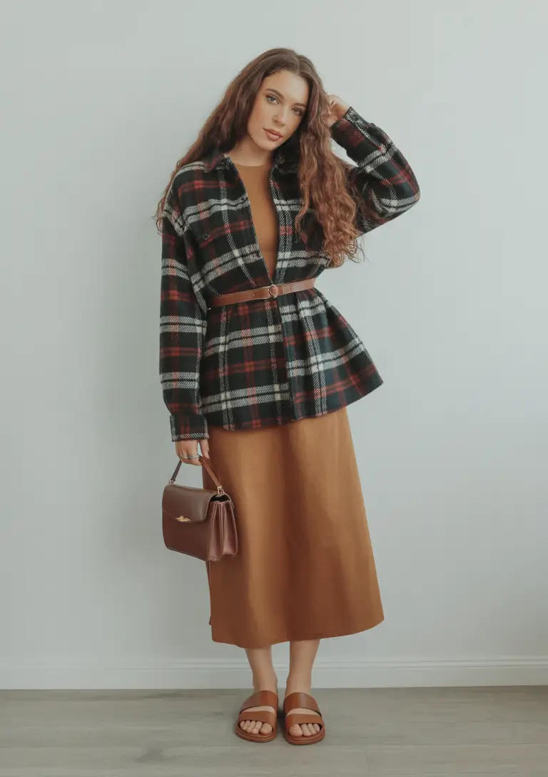 amazing spring fashion outfits 2026 Warm Neutrals With Belted Plaid Texture