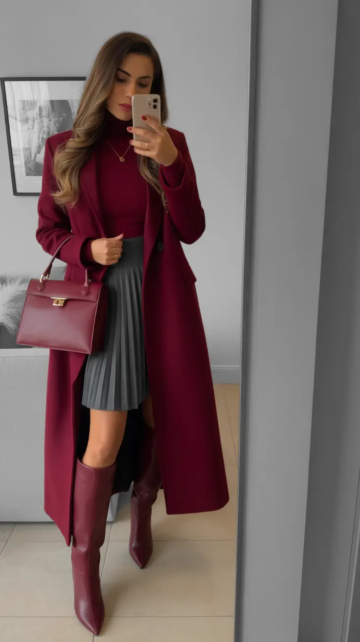 amazing spring fashion outfits 2026 Deep Burgundy Layers With a Soft Pleated Skirt