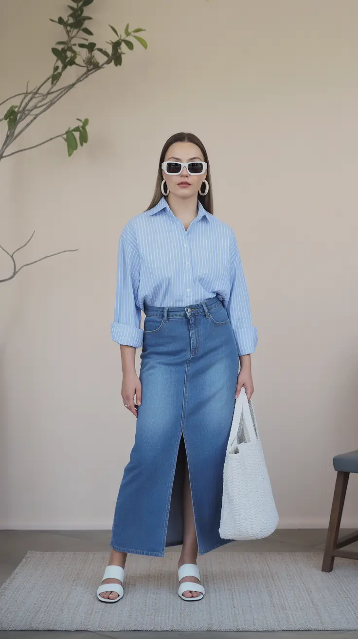 amazing spring fashion outfits 2026 Striped Button Up With Denim Skirt Ease