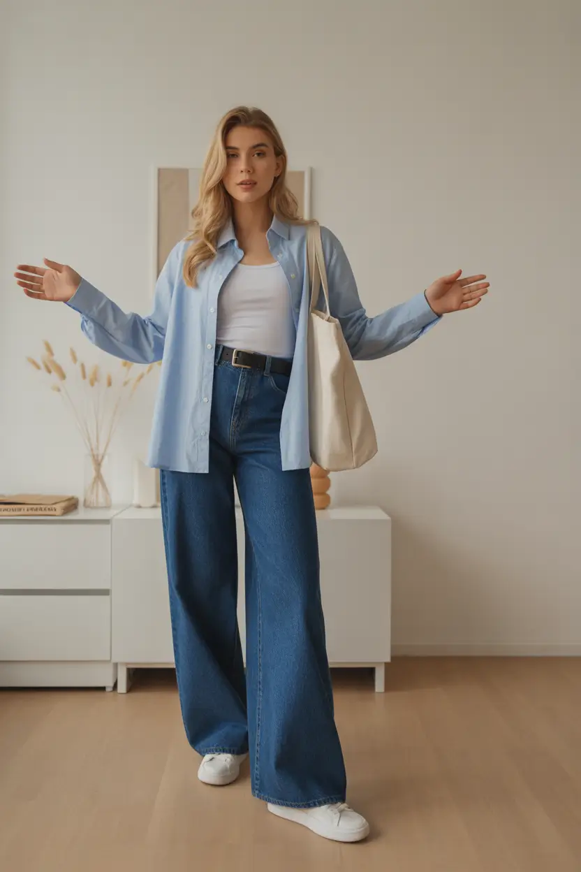 amazing spring fashion outfits 2026 Blue Layers With Wide Denim For Everyday Ease