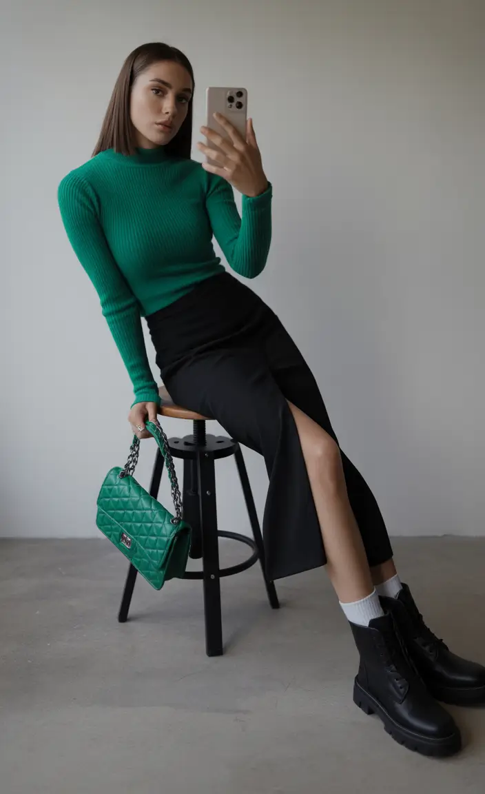 spring birthday outfit 2026 - Green Knit Contrast With Sleek Black Layers