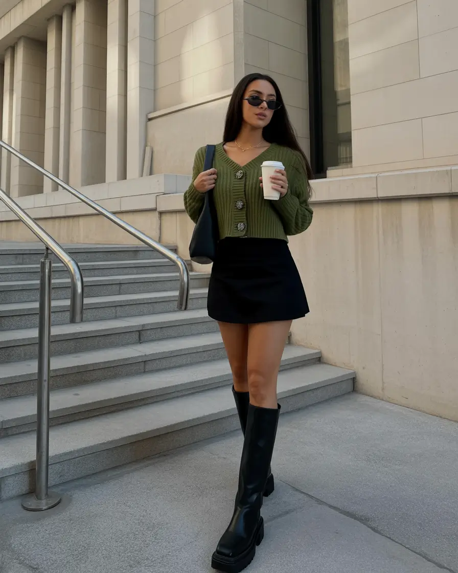 spring birthday outfit 2026 - Olive Cardigan with Polished Mini Skirt Charm