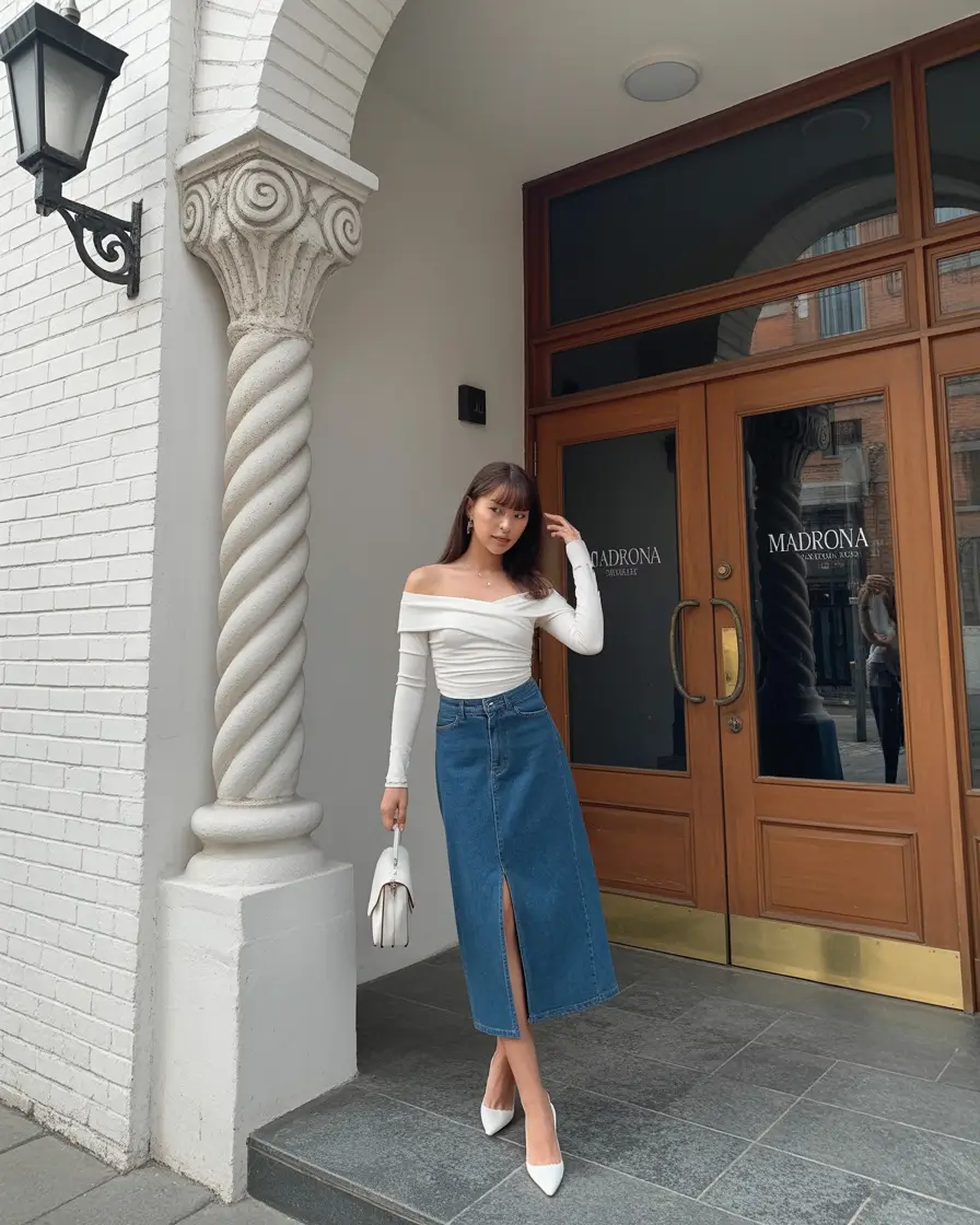 spring birthday outfit 2026 - Off Shoulder Elegance with a Denim Skirt Twist