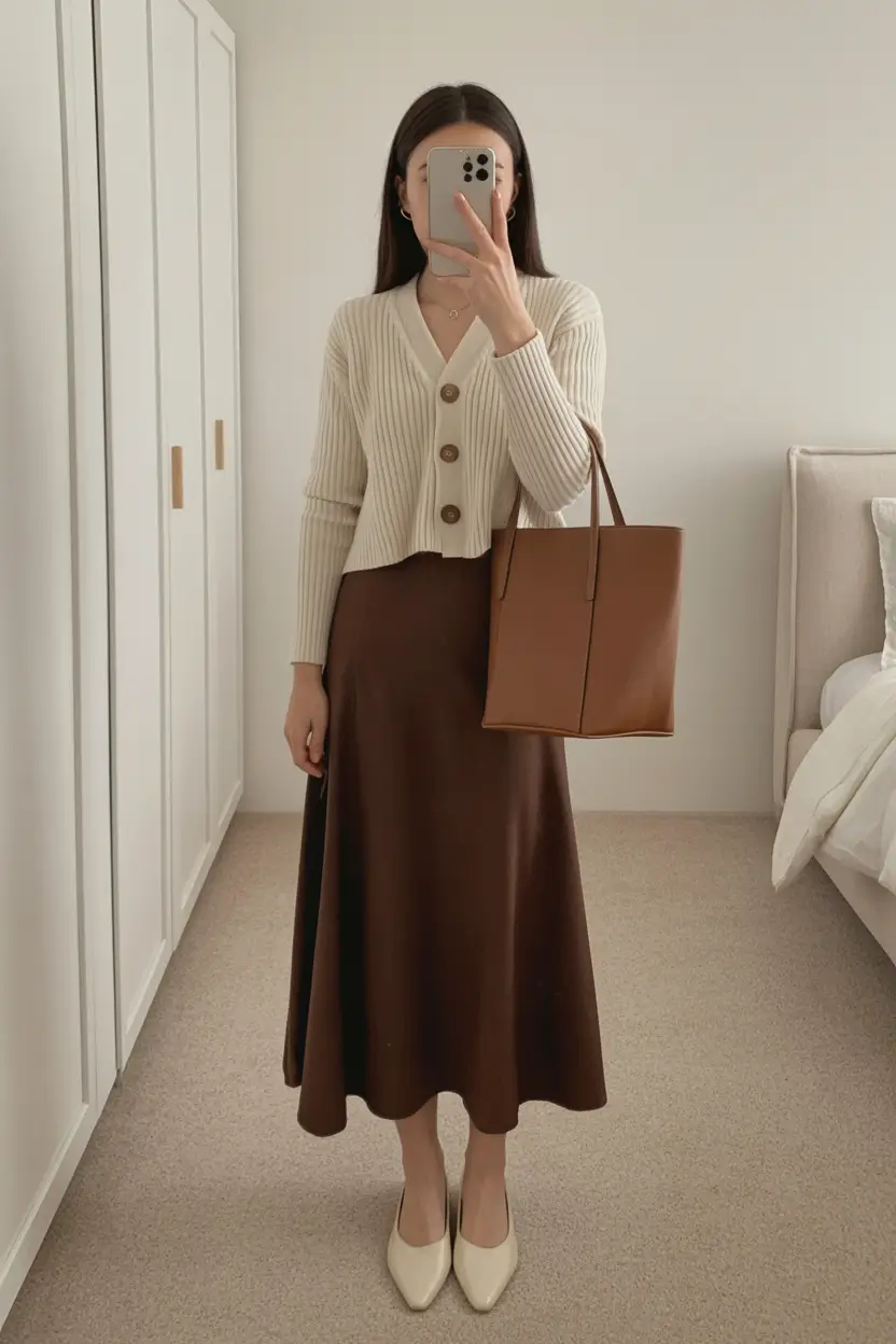 classy spring skirt outfits 2026 Soft Neutrals with a Flowing Chocolate Skirt