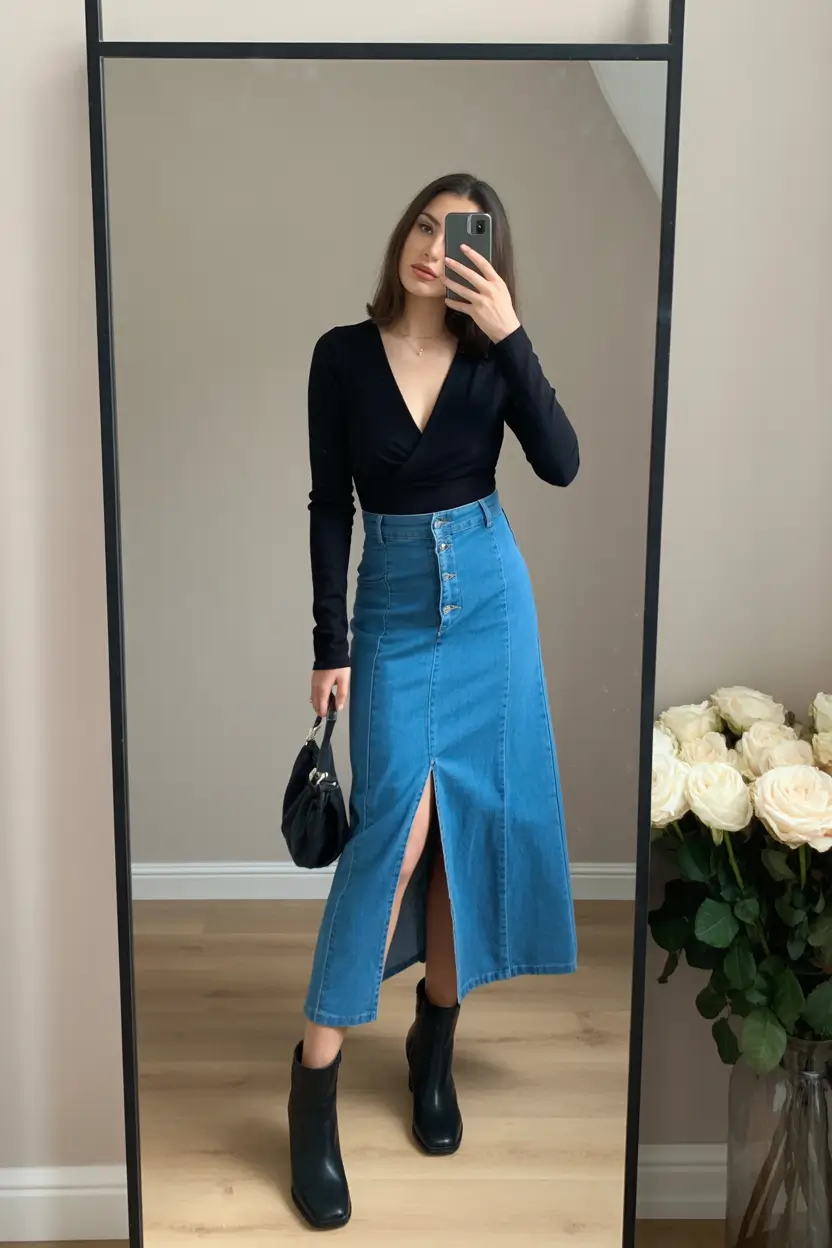 classy spring skirt outfits 2026 Denim Slit Elegance with a Sleek Black Top