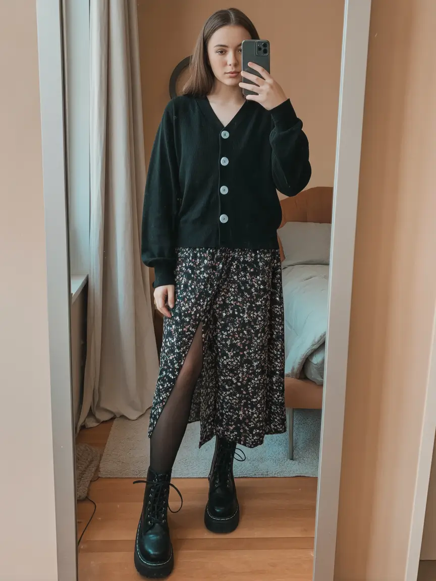 classy spring skirt outfits 2026 Soft Florals Paired with Chunky Boots for Early Spring