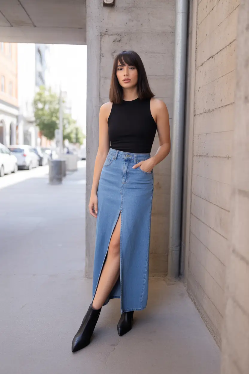classy spring skirt outfits 2026 Sleek Minimalism with a Denim Maxi