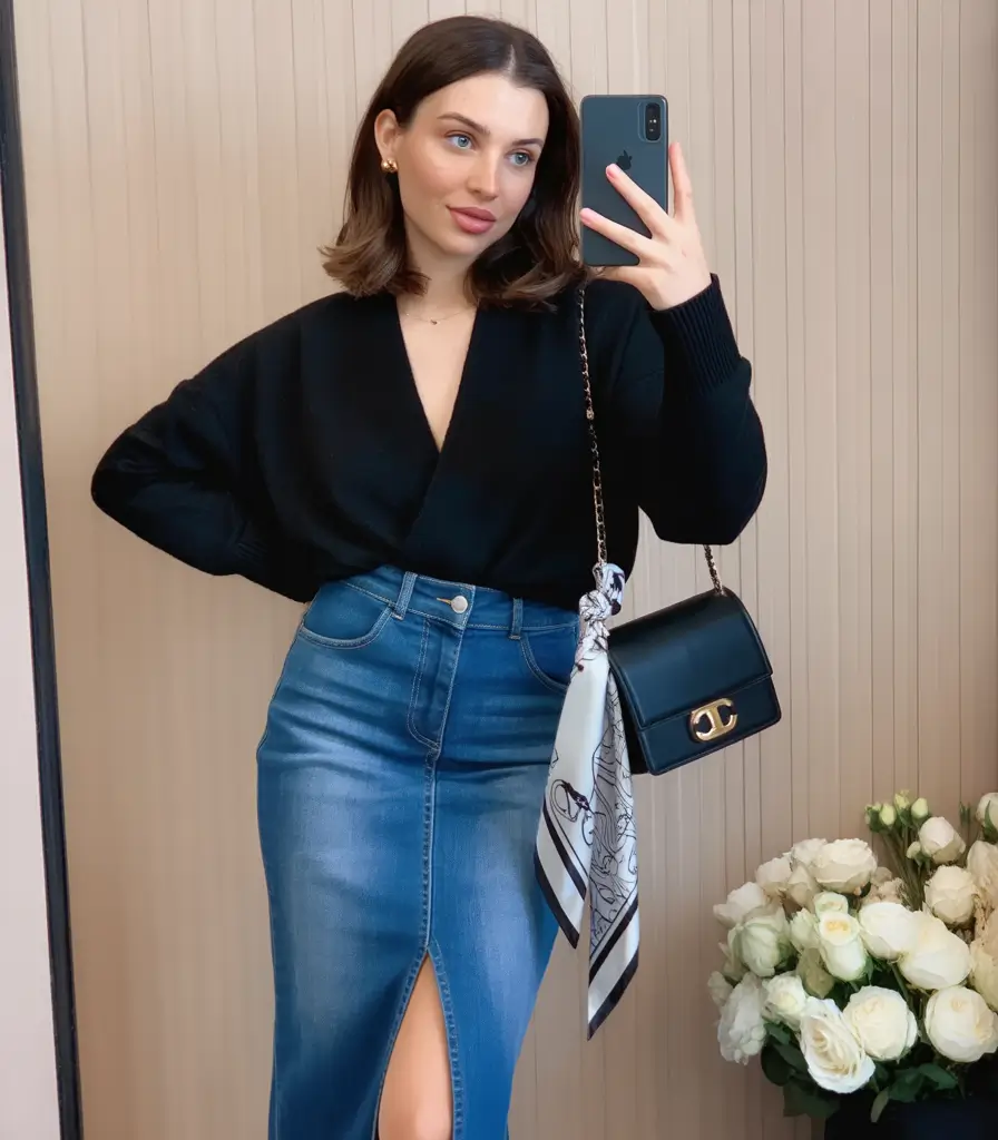 classy spring skirt outfits 2026 Dark Knit Elegance with a Denim Slit Skirt