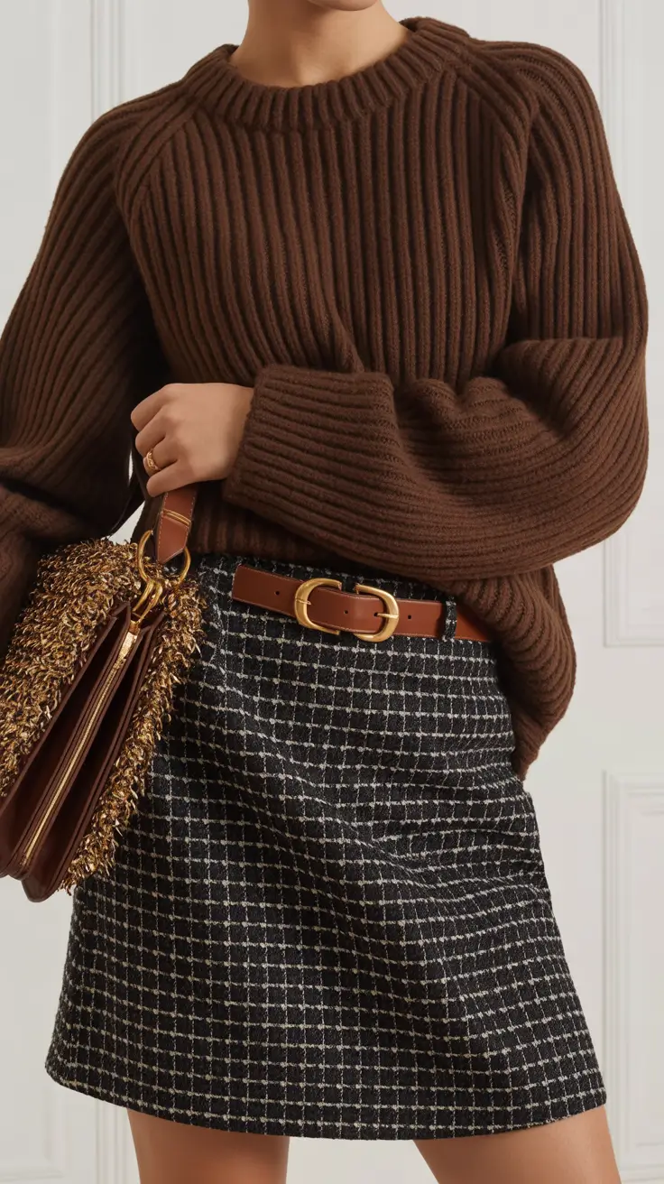 classy spring skirt outfits 2026 Warm Textures with a Chic Short Skirt