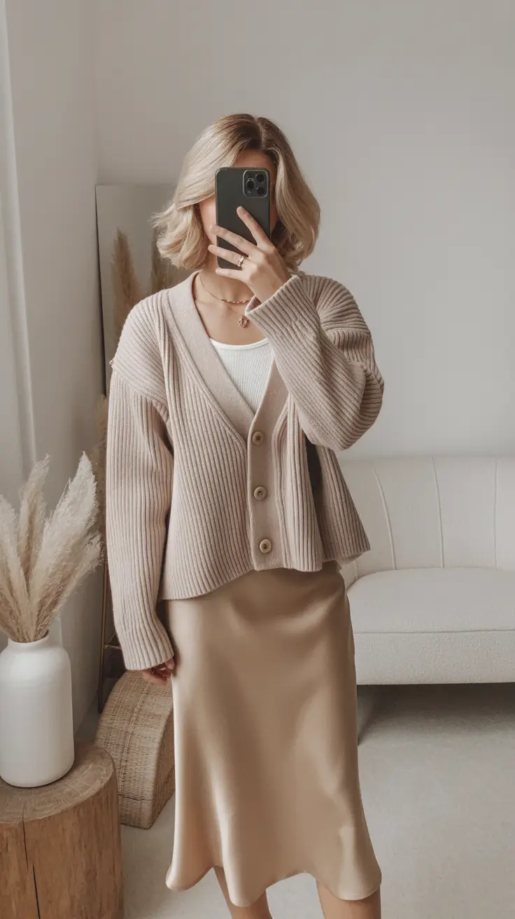 classy spring skirt outfits 2026 Soft Beige Layers with a Satin Glow