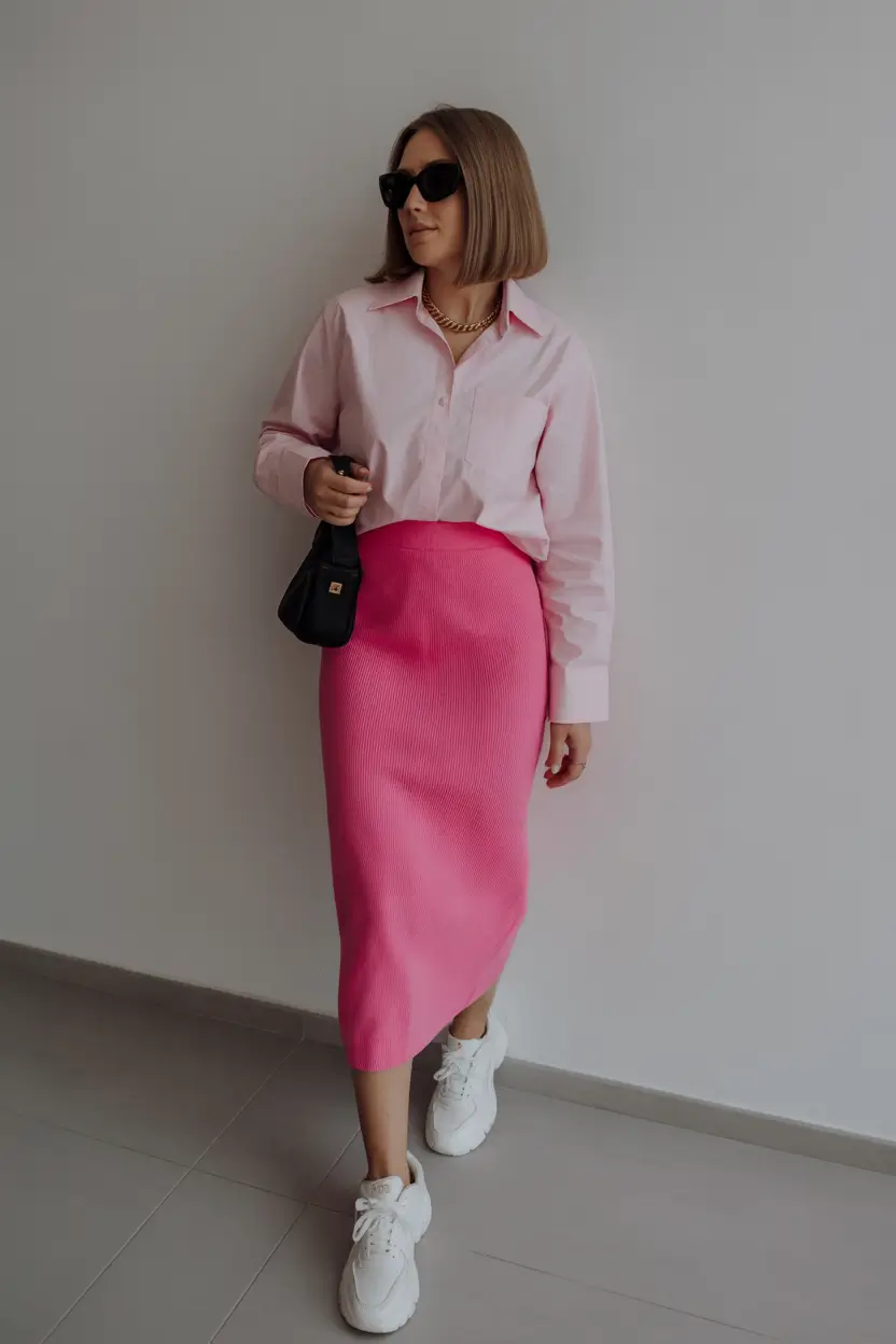 classy spring skirt outfits 2026 Bold Pink Energy with Sleek Shirt Styling