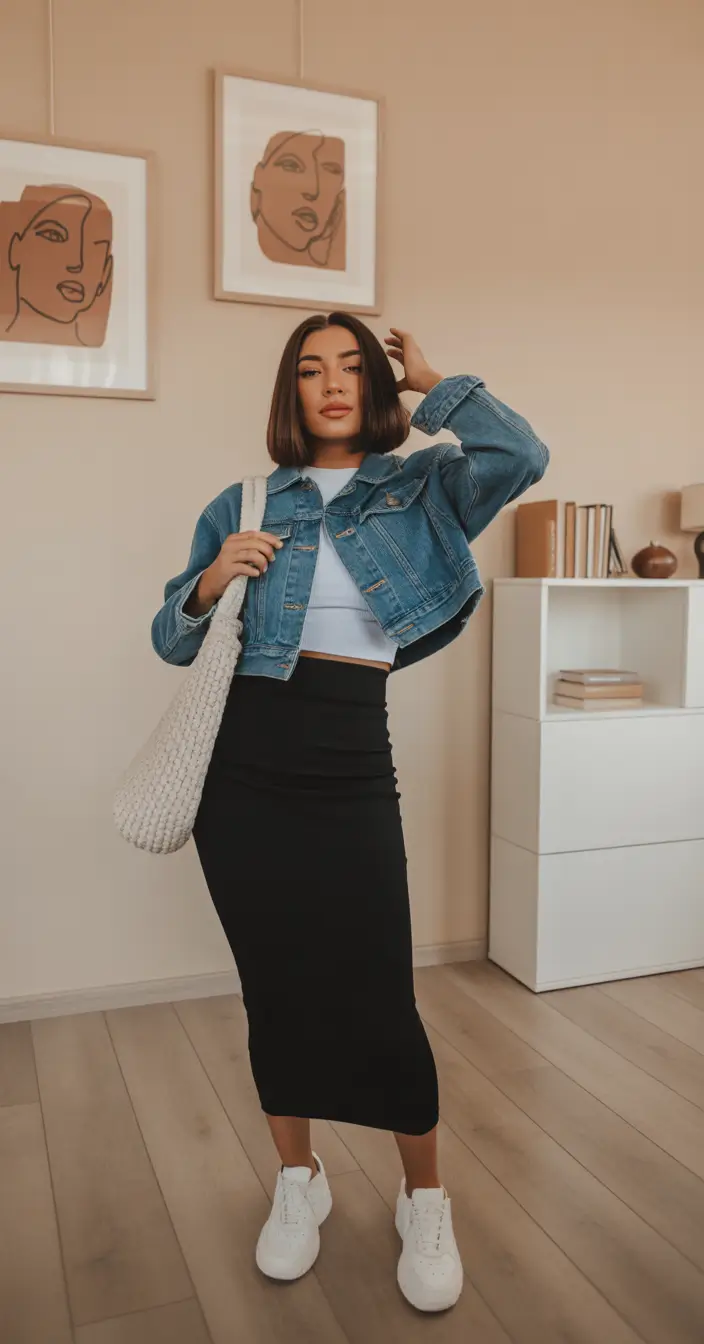 classy spring skirt outfits 2026 Sporty Minimalism with a Sleek Black Midi