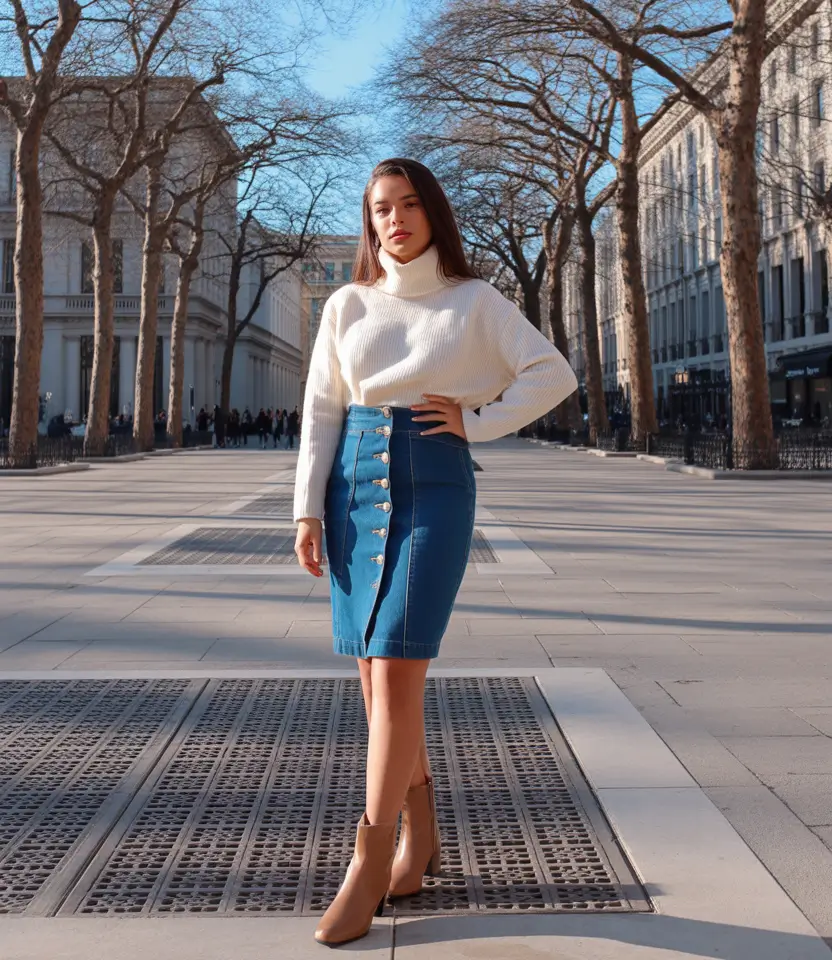 classy spring skirt outfits 2026 Bright Denim Elegance for Early Spring Days