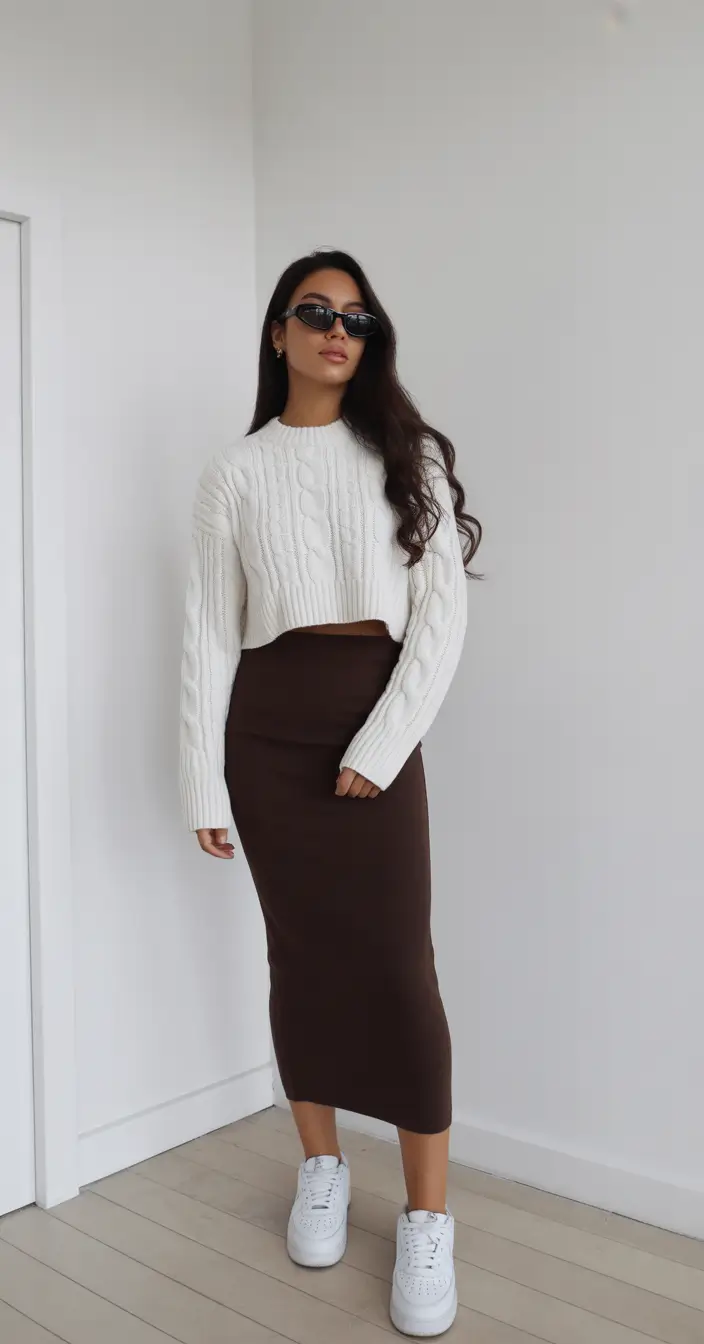 classy spring skirt outfits 2026 Monochrome Warmth with a Luxe Knit