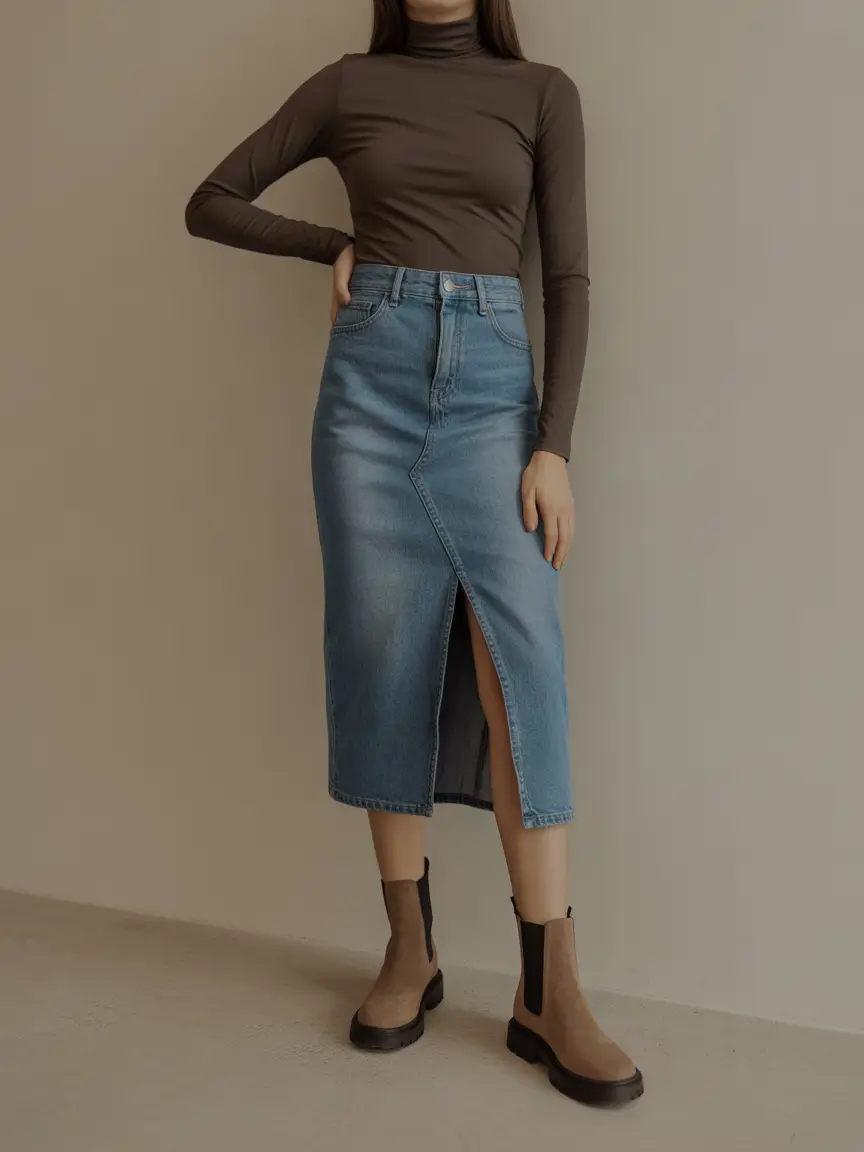 classy spring skirt outfits 2026 Clean Denim Lines with Earthy Minimalism