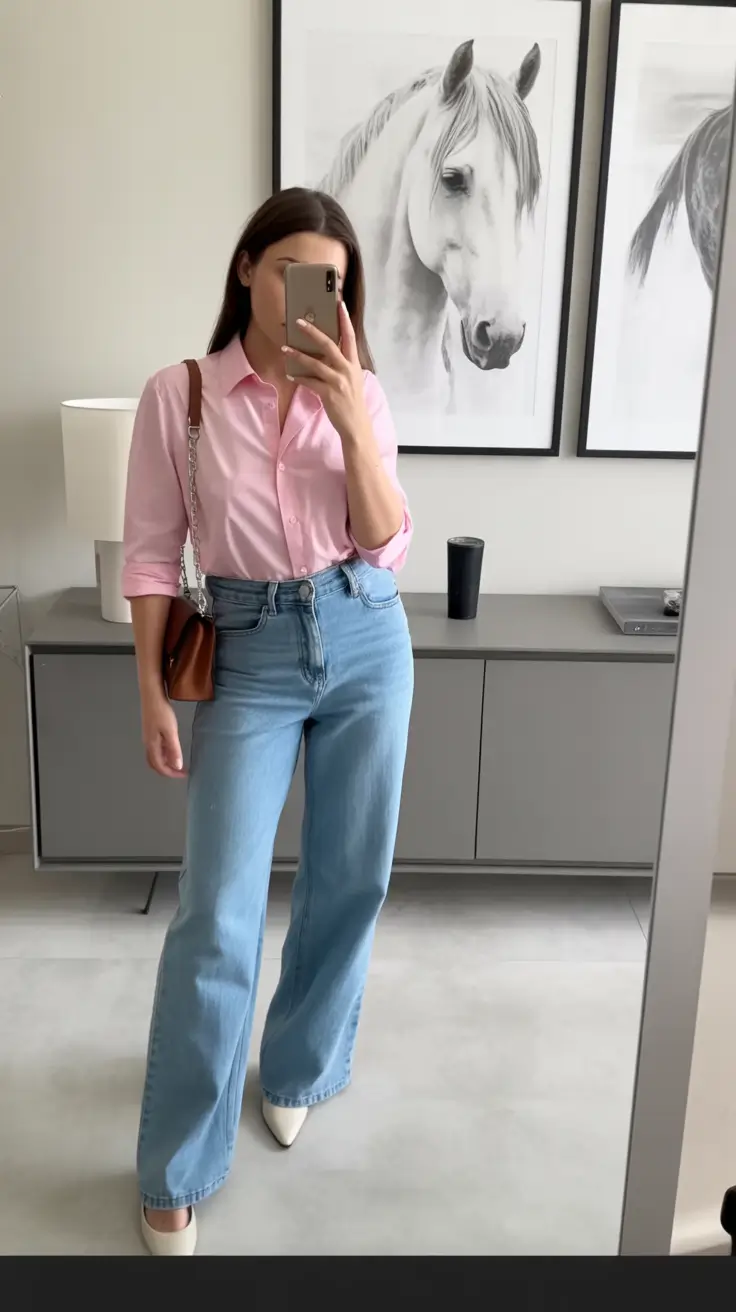 comfy casual spring outfits 2026 Light pink and denim creating a polished spring balance