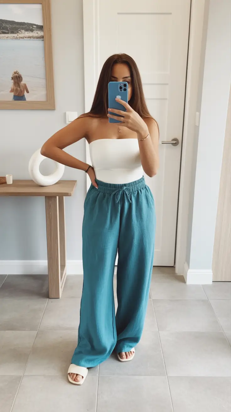 comfy casual spring outfits 2026 Cool teal trousers with minimal spring layers