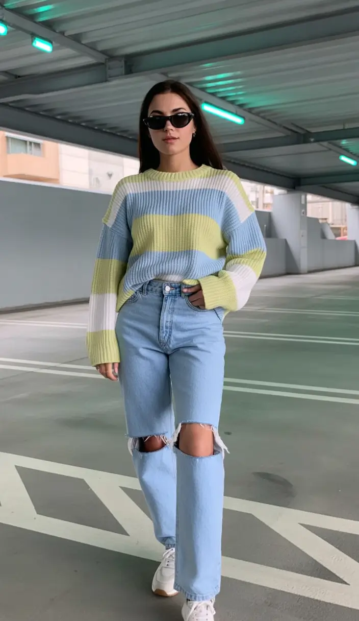 comfy casual spring outfits 2026 Striped knitwear bringing fresh spring color