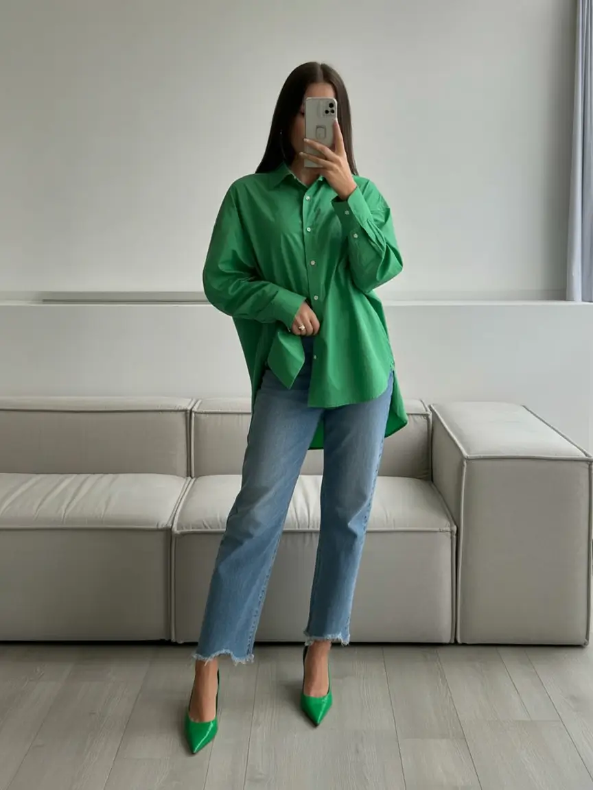 comfy casual spring outfits 2026 Vibrant green bringing bold spring confidence