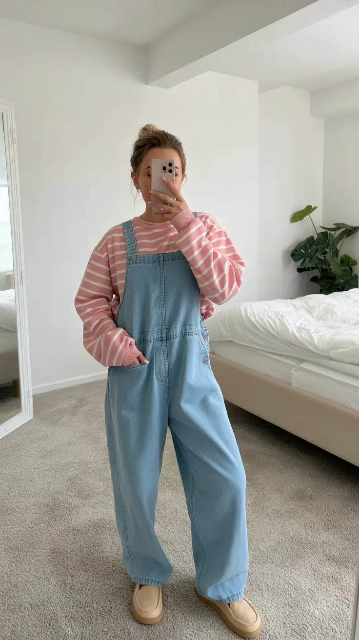 comfy spring outfits for relaxation 2026 Pink Stripes and Overalls for Playful Spring Comfort