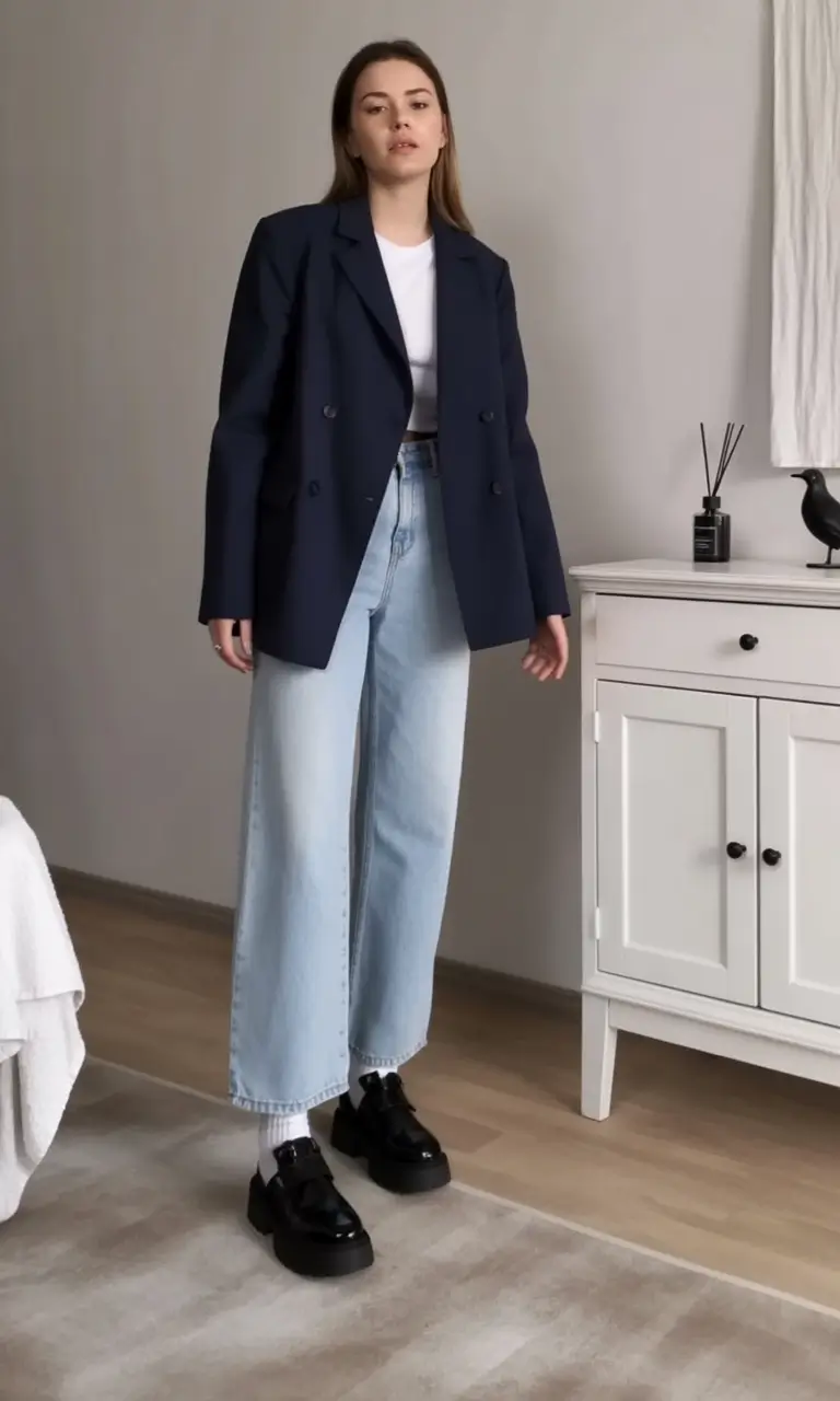 comfy spring outfits for relaxation 2026 Navy Blazer and Denim for Clean Spring Confidence