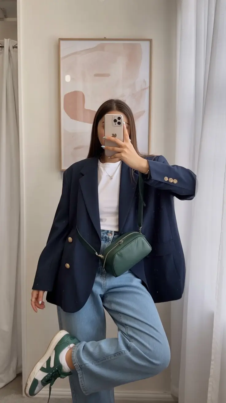 comfy spring outfits for relaxation 2026 Navy Blazer Playfulness with Sporty Green Accents