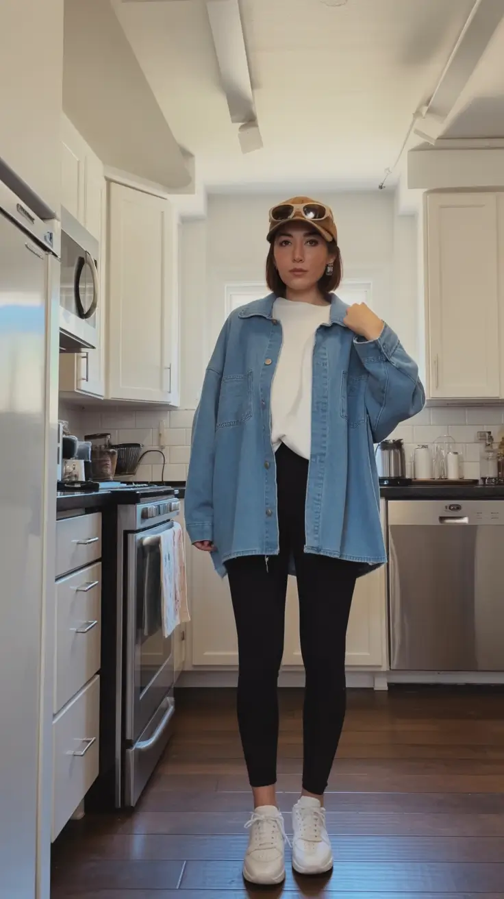 comfy spring outfits for relaxation 2026 The Denim Overshirt Look That Defines Lazy Days Leggings Style