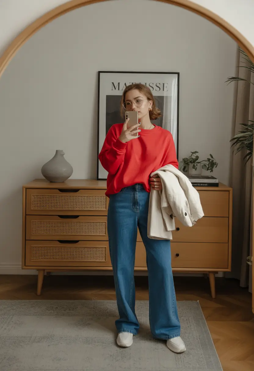 comfy spring outfits for relaxation 2026 A Bright Red Sweatshirt for Days When You Need an Energy Boost