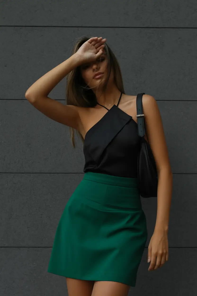 cute spring club outfits 2026 Minimal Black Top with Emerald Spring Energy
