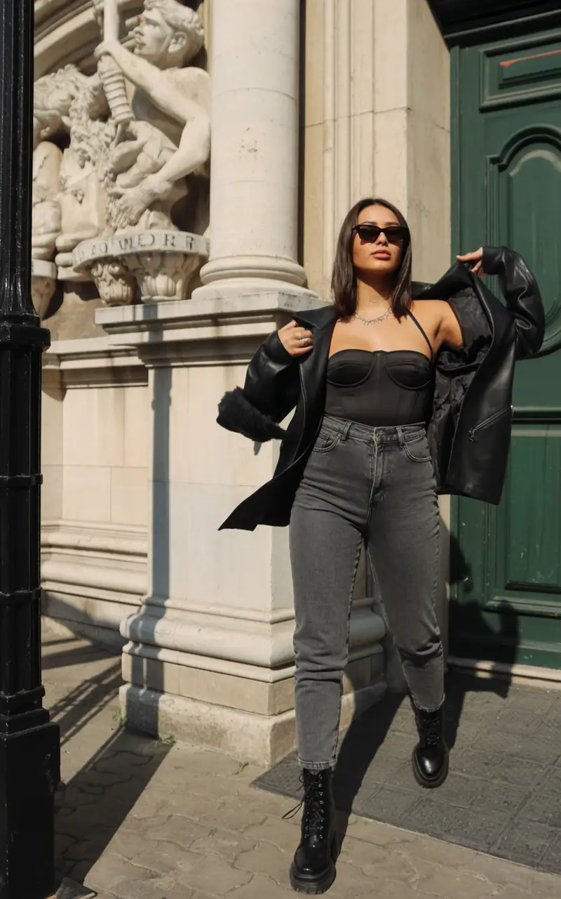 cute spring club outfits 2026 Urban Black Layers with Charcoal Denim Attitude