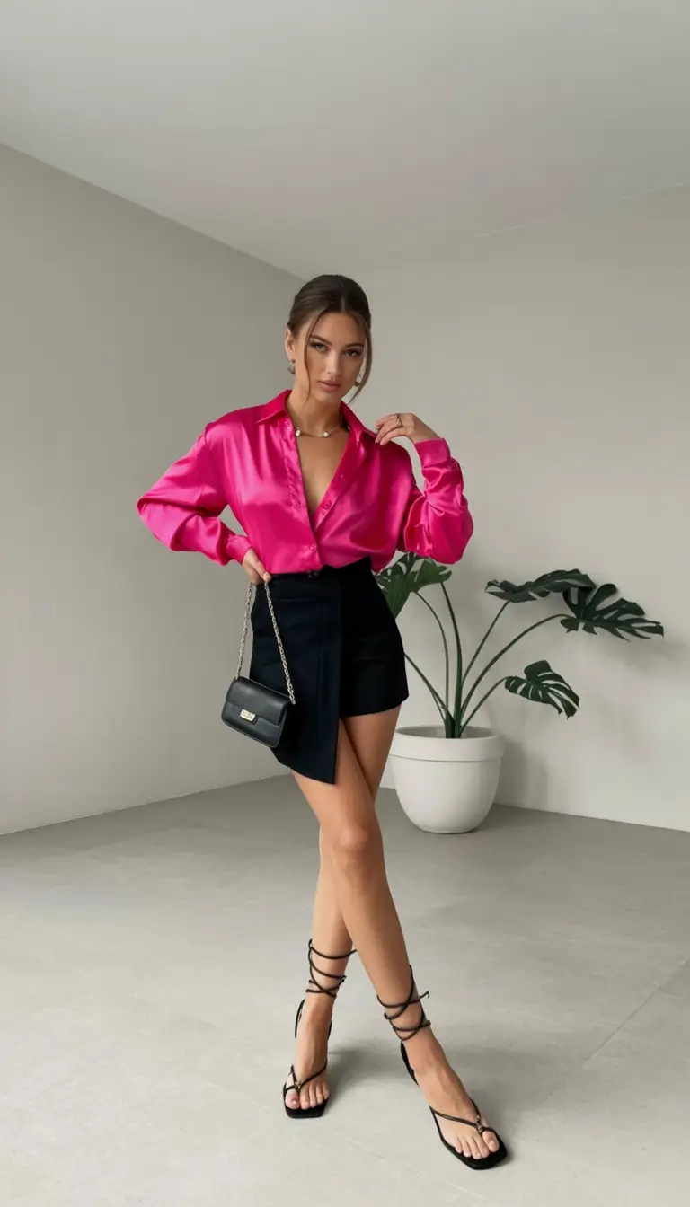 cute spring club outfits 2026 Hot Pink Satin with Clean Black Contrast