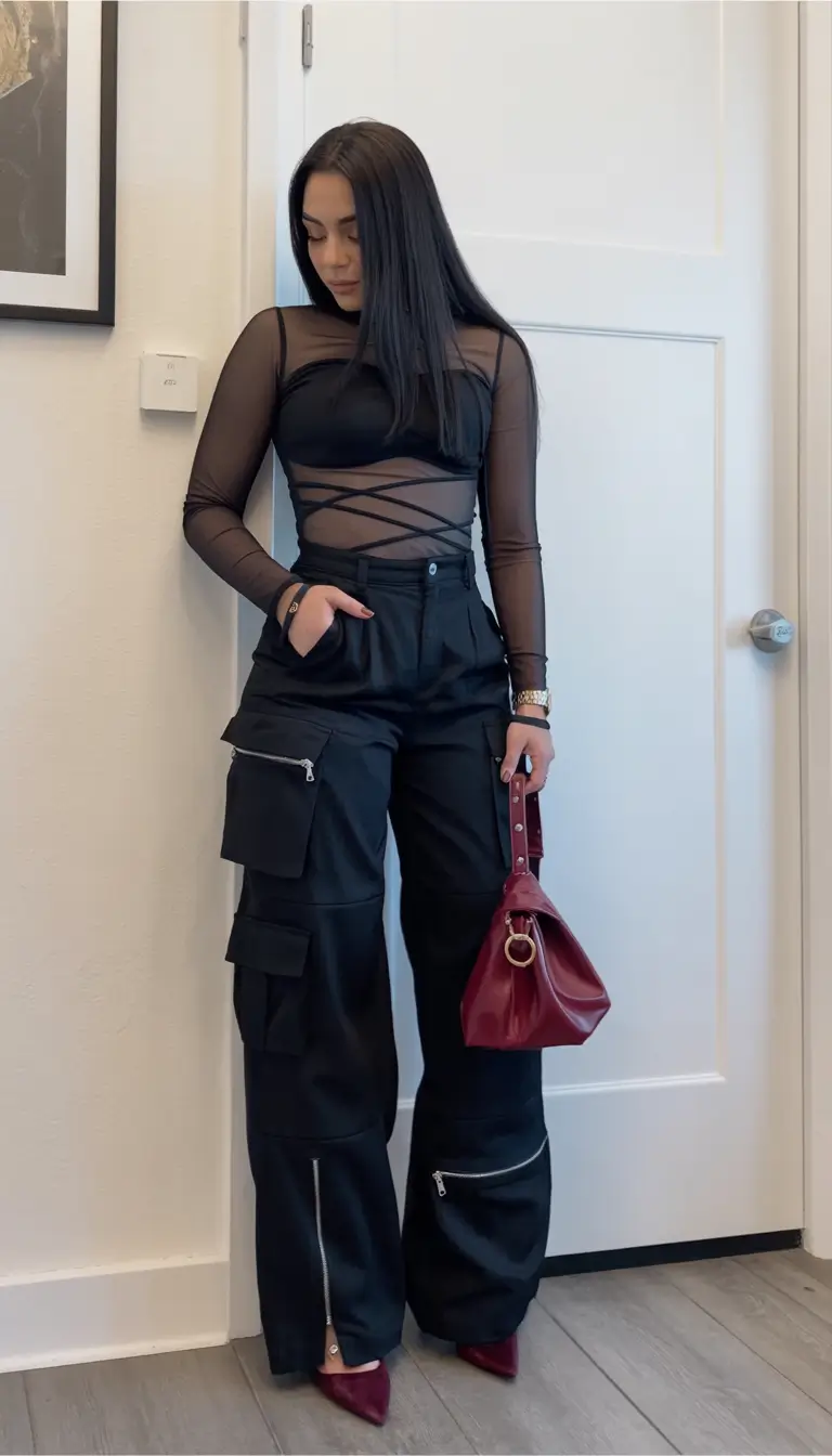 cute spring club outfits 2026 Mesh Layers with Cargo Tailoring and Burgundy Accents