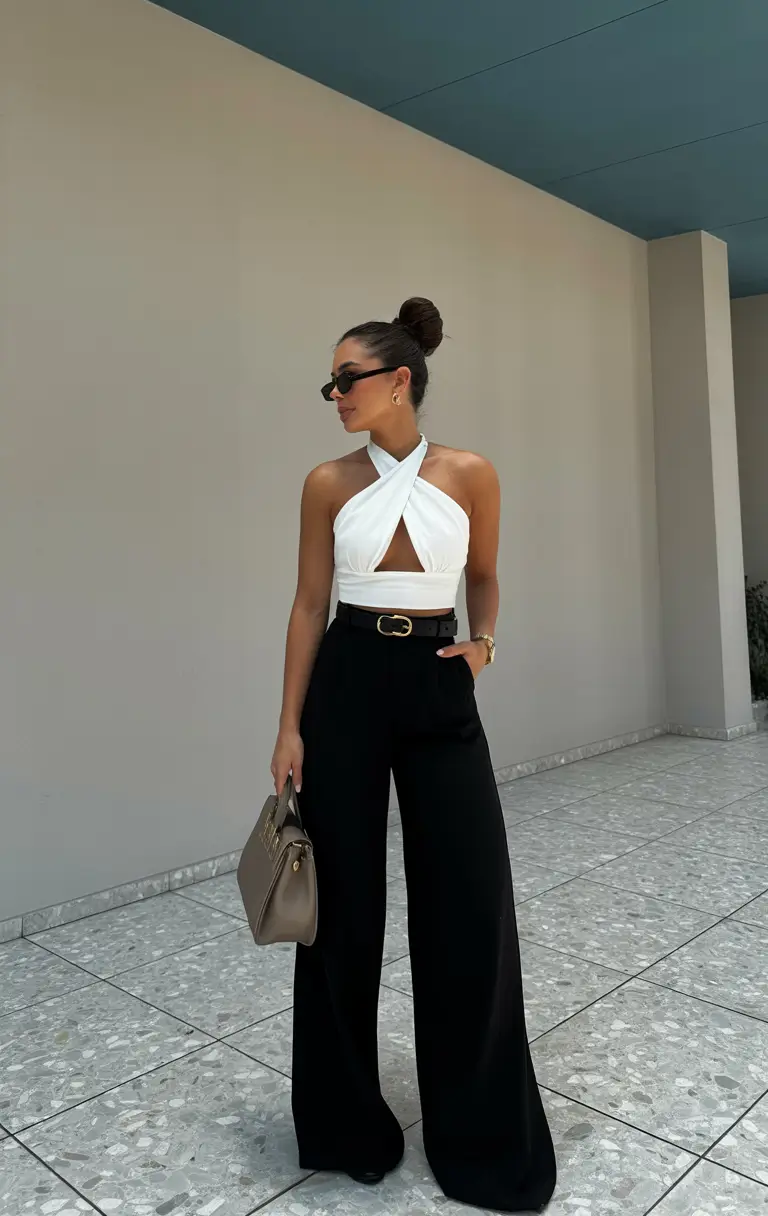cute spring club outfits 2026 White Halter Elegance with Wide Black Tailoring
