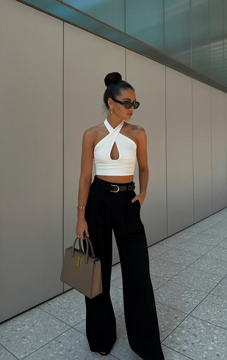 cute spring club outfits 2026 White Halter Top with Tailored Night Elegance