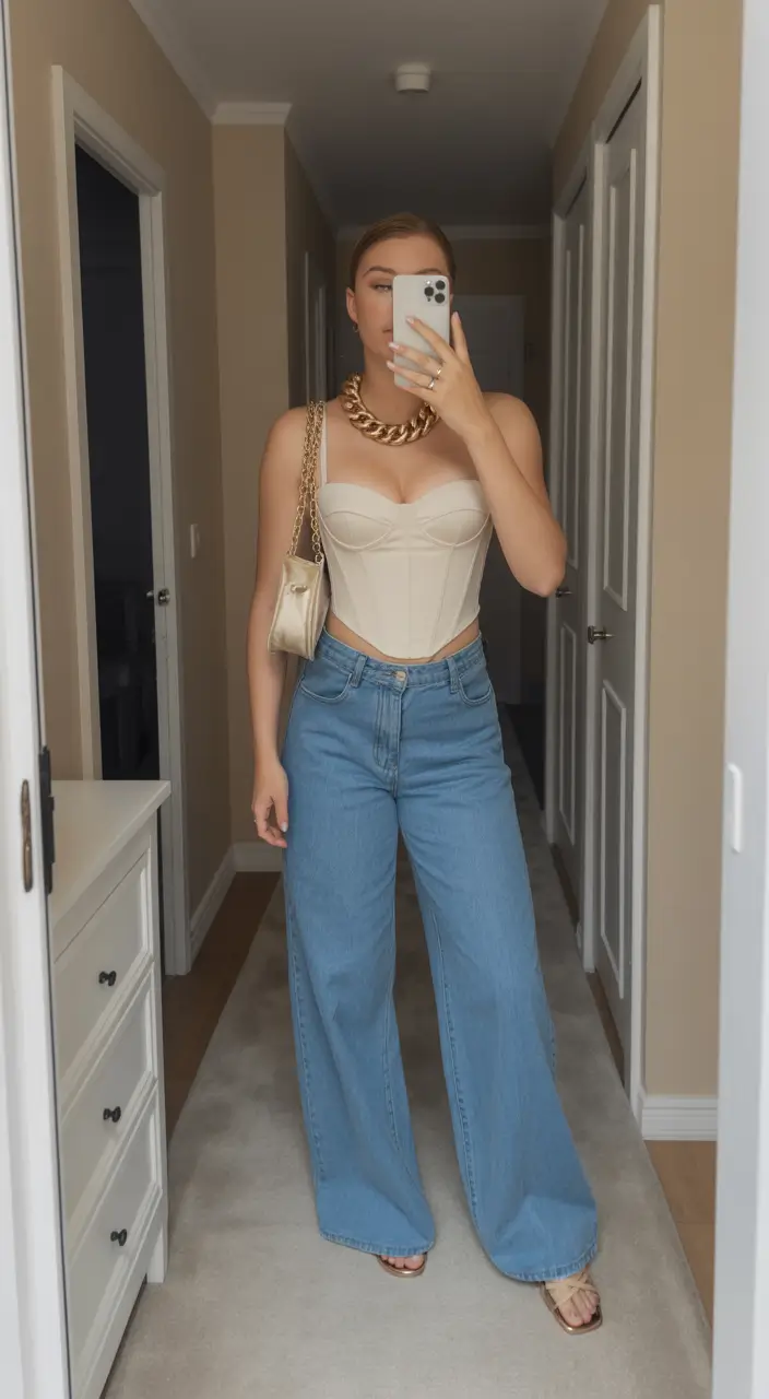 cute spring club outfits 2026 Cream Corset with Wide Leg Denim Freshness
