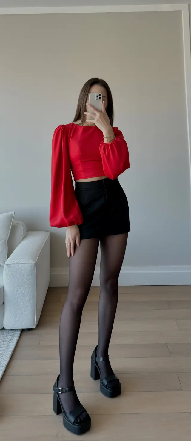 cute spring club outfits 2026 Red Drama Crop with Black Mini and Sheer Spring Layers